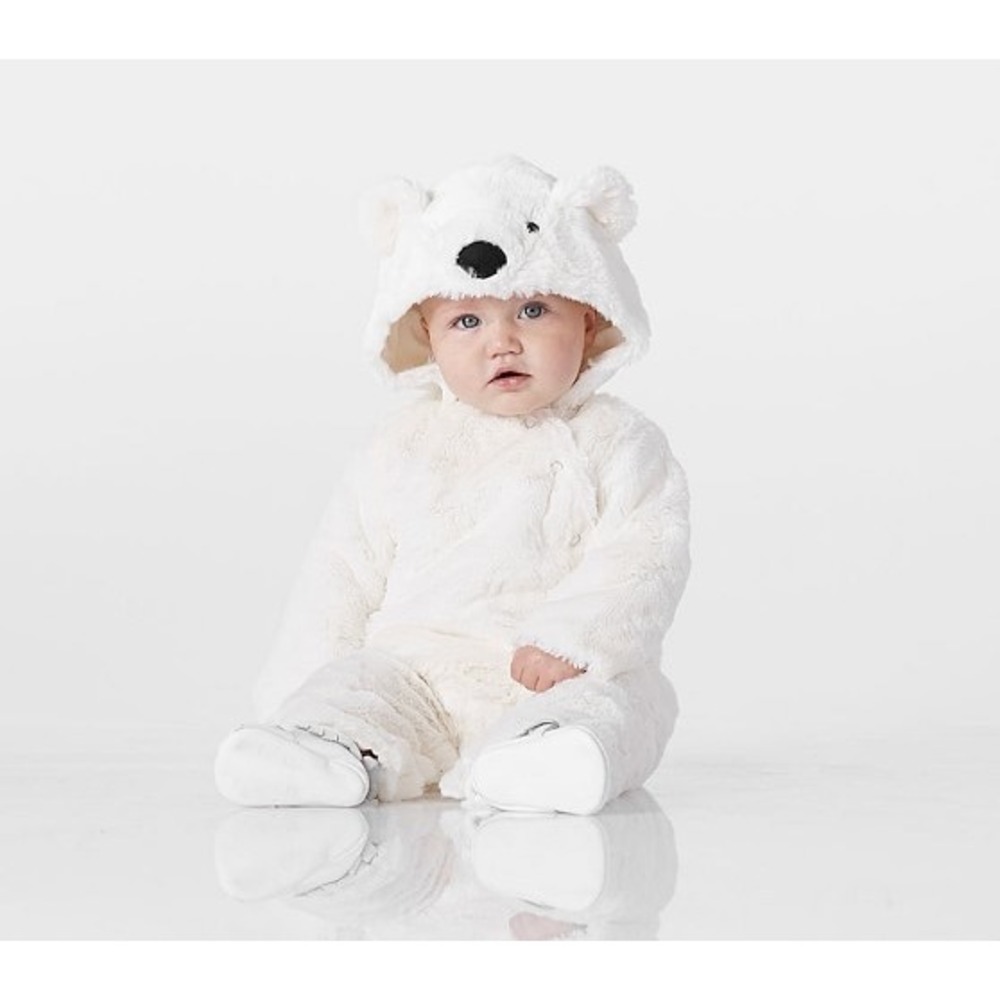 Pottery Barn Kids Polar Bear Pram Suit 12-24 Mos Cream Faux Fur Hooded Jumpsuit